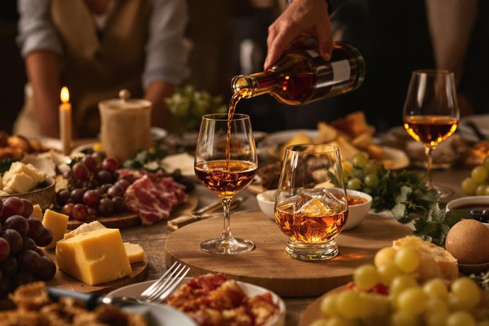 botella sirviendo brandy en una copa en una mesa con comida