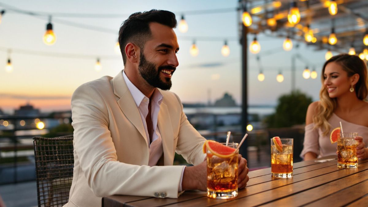 Hombre trajeado en fiesta de la vendimia con una copa de brandy