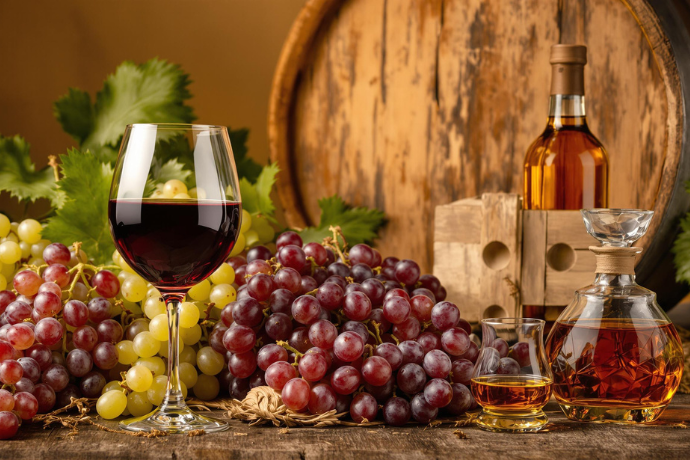 Mesa con uvas rojas y blancas, con una copa de vino tinto y una botella de brandy
