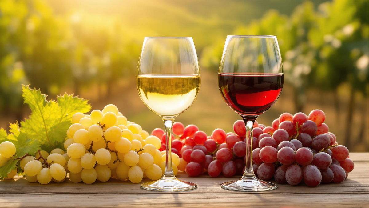 mesa con dos racimos de uvas, unas rojas y otras blancas, junto a dos copas de vino, una de vino blanco y otra de vino tinto