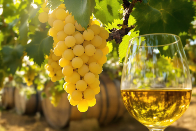 Racimo de uva blanca junto a una copa de vino blanco