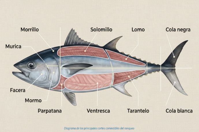 Imagen gráfica de los mejores cortes nobles del ronqueo del atun
