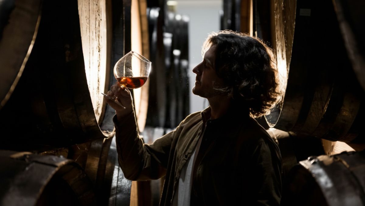 sumiller degustando una copa de brandy en bodega
